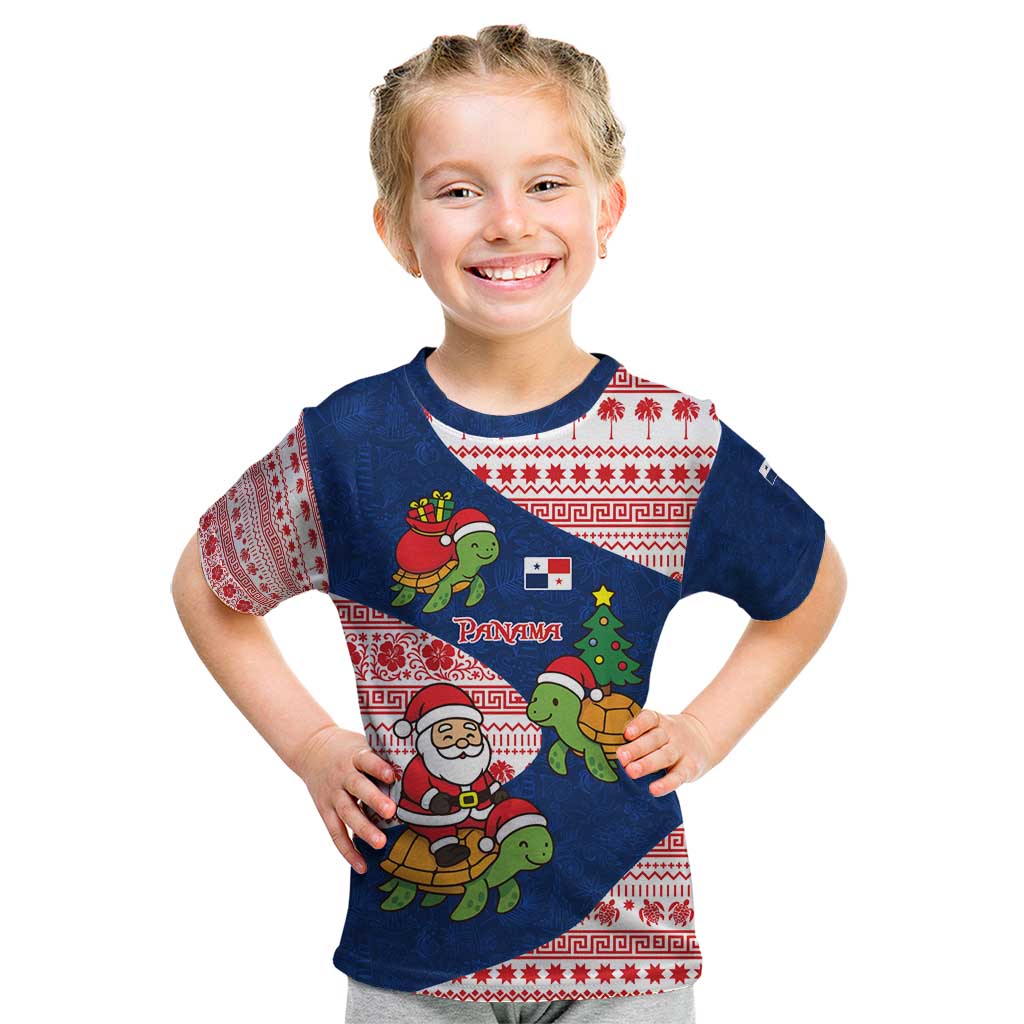 Panama Christmas Kid T Shirt with Santa Claus Sea Turtles Holiday Tree and Red Blue Pattern Design - Wonder Print Shop