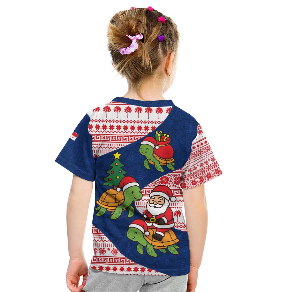Panama Christmas Kid T Shirt with Santa Claus Sea Turtles Holiday Tree and Red Blue Pattern Design - Wonder Print Shop