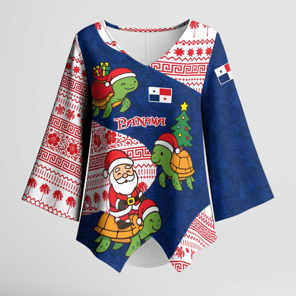 Panama Christmas Kimono Sleeve Blouse with Santa Claus Sea Turtles Holiday Tree and Red Blue Pattern Design - Wonder Print Shop