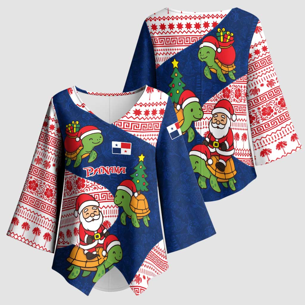 Panama Christmas Kimono Sleeve Blouse with Santa Claus Sea Turtles Holiday Tree and Red Blue Pattern Design - Wonder Print Shop