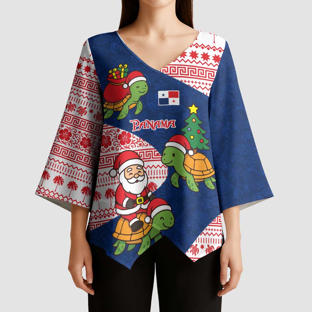 Panama Christmas Kimono Sleeve Blouse with Santa Claus Sea Turtles Holiday Tree and Red Blue Pattern Design - Wonder Print Shop