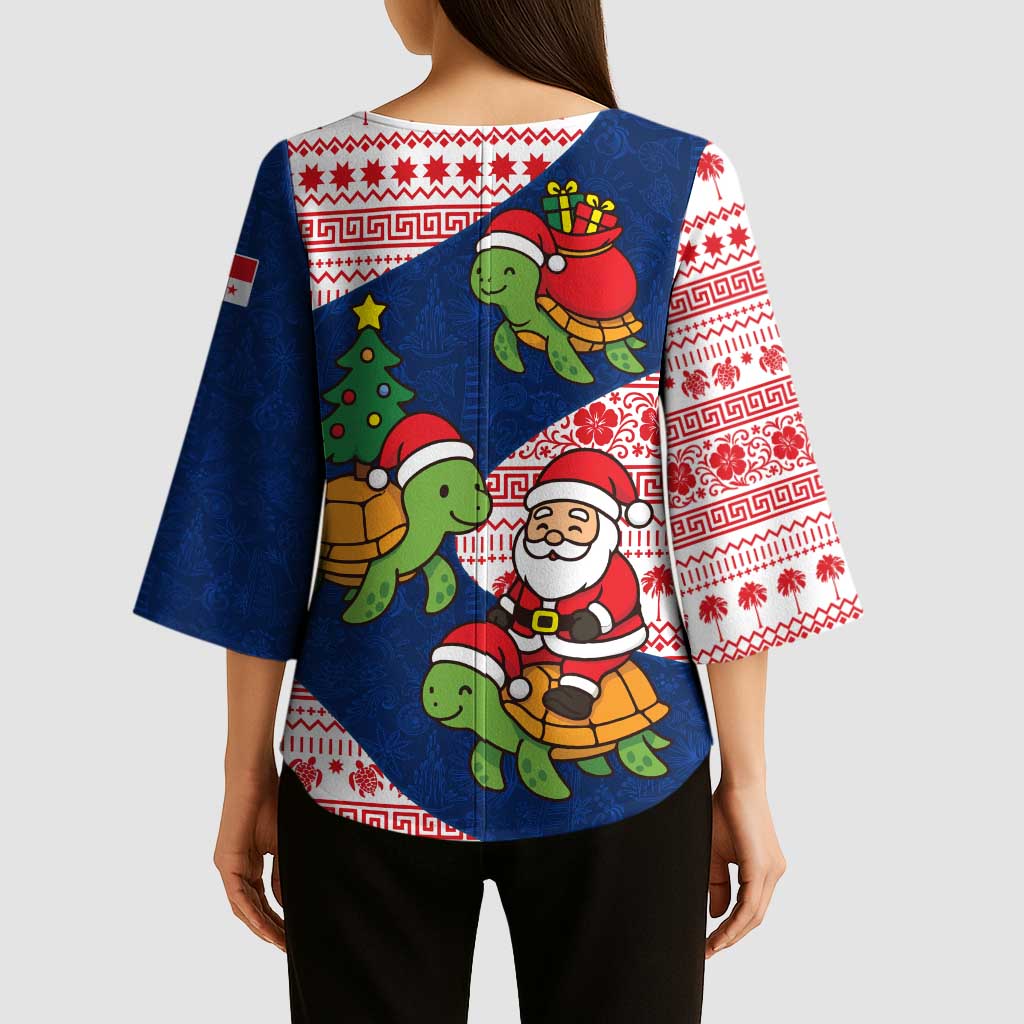 Panama Christmas Kimono Sleeve Blouse with Santa Claus Sea Turtles Holiday Tree and Red Blue Pattern Design - Wonder Print Shop