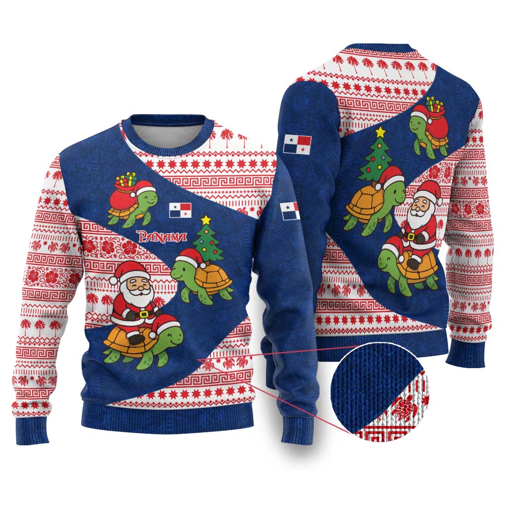 Panama Christmas Ugly Christmas Sweater with Santa Claus Sea Turtles Holiday Tree and Red Blue Pattern Design - Wonder Print Shop