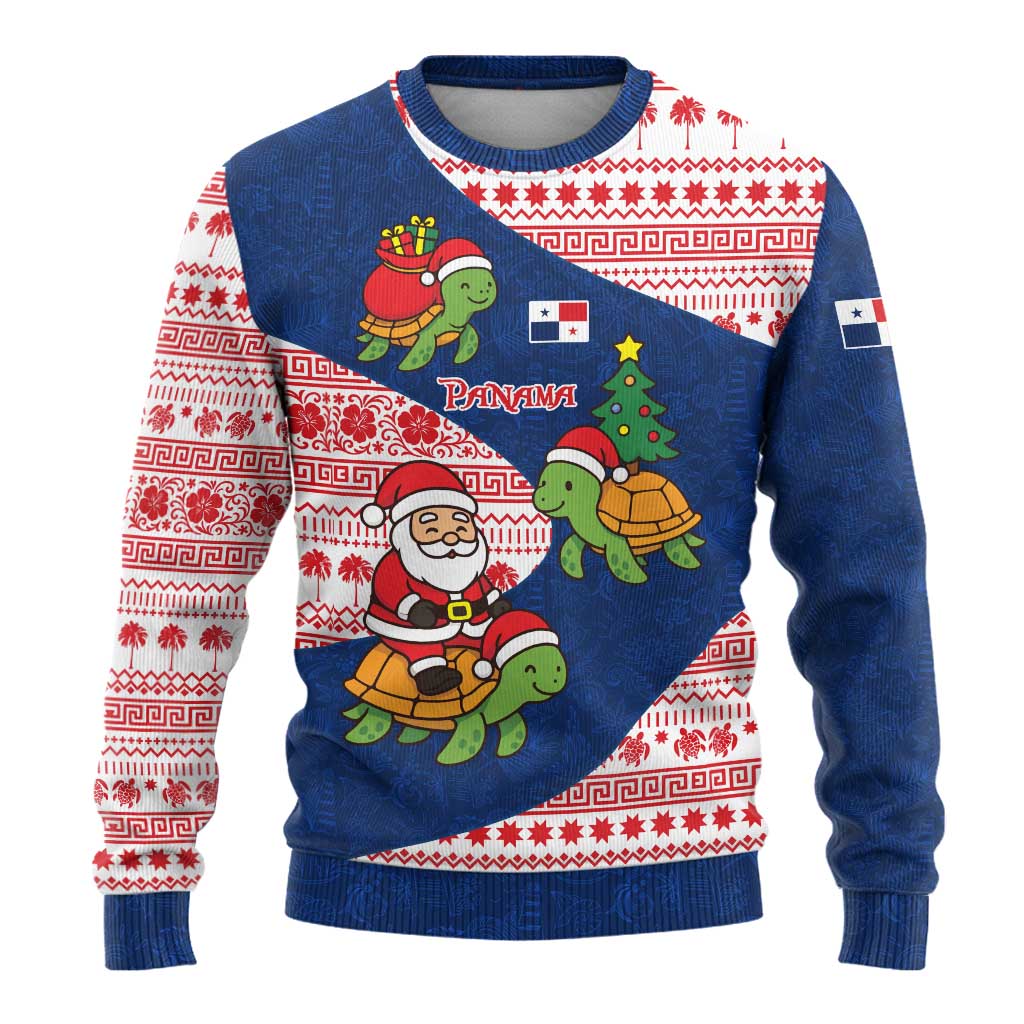 Panama Christmas Ugly Christmas Sweater with Santa Claus Sea Turtles Holiday Tree and Red Blue Pattern Design - Wonder Print Shop