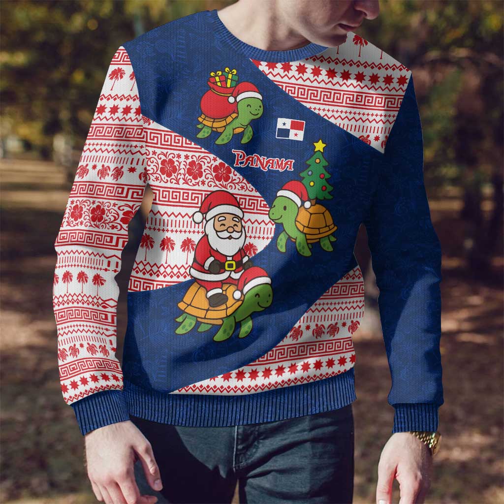 Panama Christmas Ugly Christmas Sweater with Santa Claus Sea Turtles Holiday Tree and Red Blue Pattern Design - Wonder Print Shop