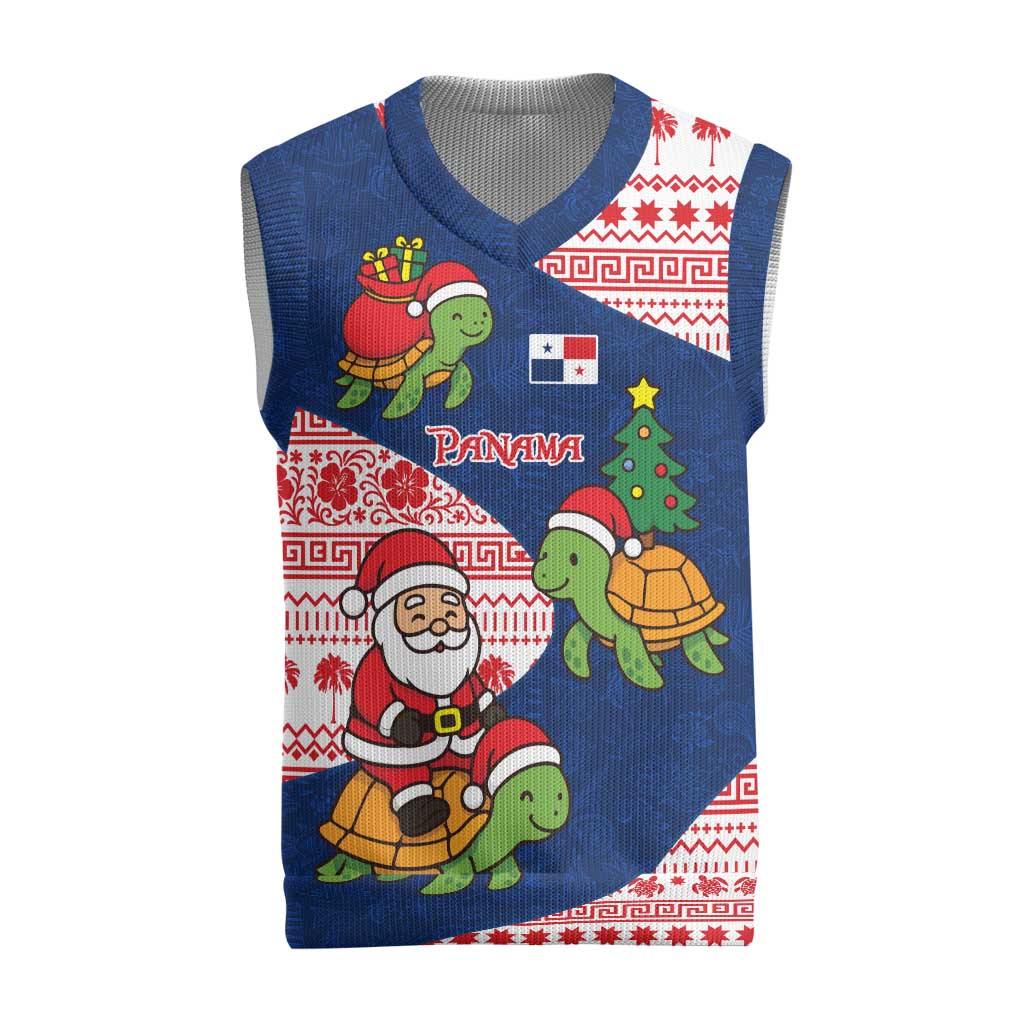 Panama Christmas Knitted V-Neck Vest with Santa Claus Sea Turtles Holiday Tree and Red Blue Pattern Design - Wonder Print Shop