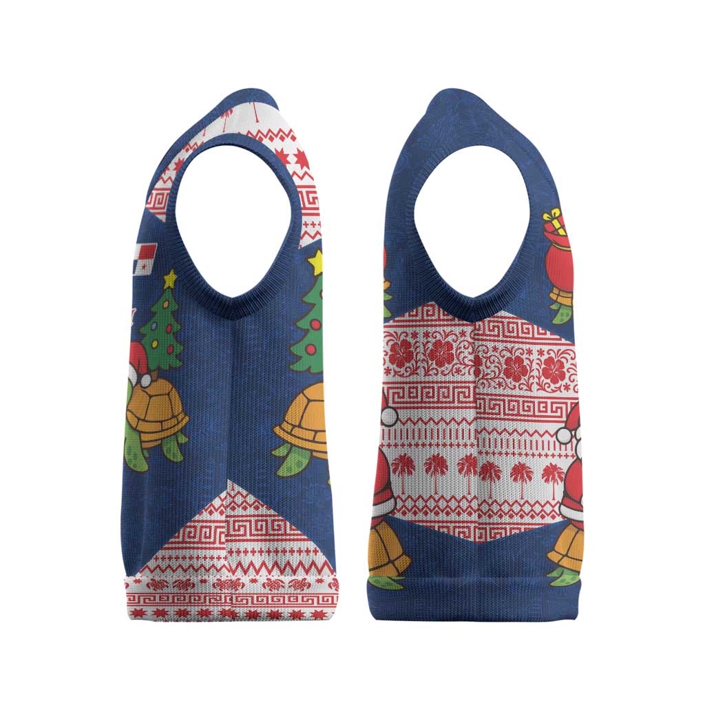 Panama Christmas Knitted V-Neck Vest with Santa Claus Sea Turtles Holiday Tree and Red Blue Pattern Design - Wonder Print Shop