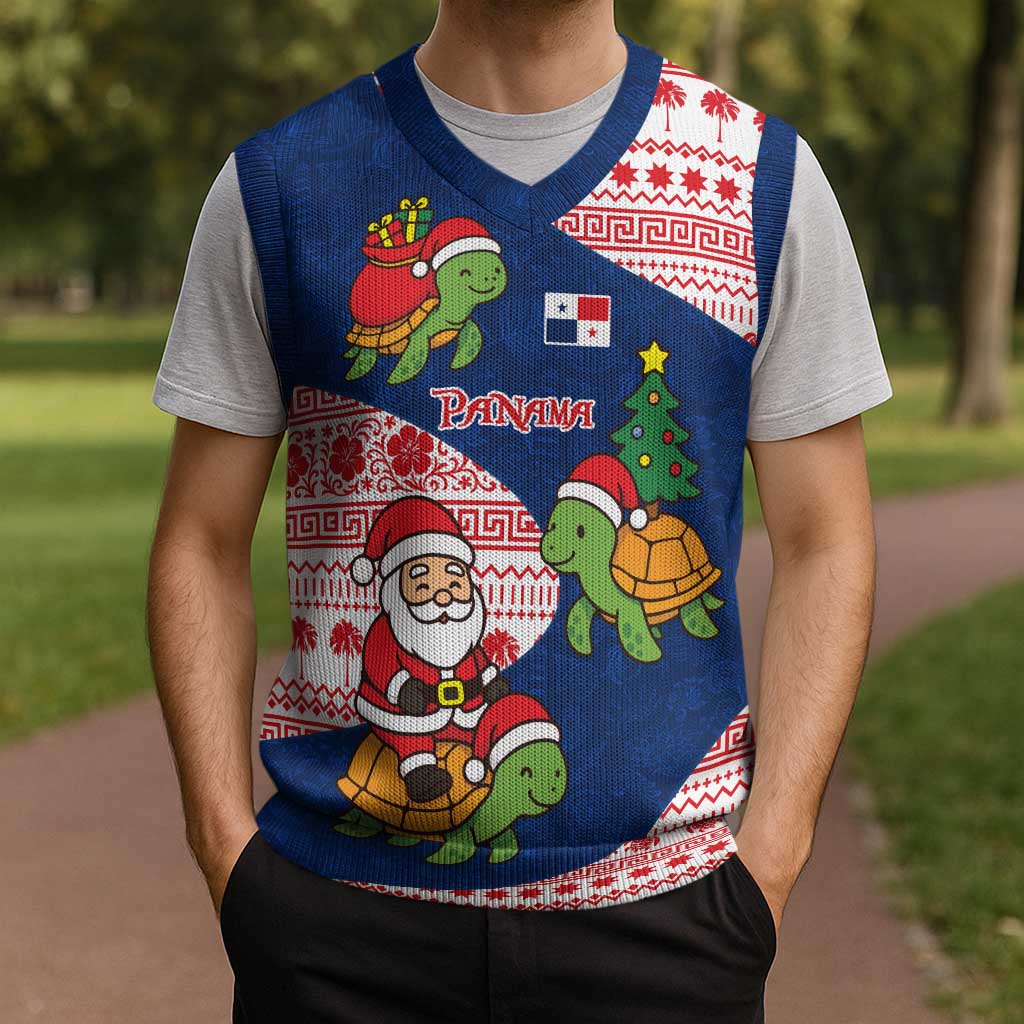 Panama Christmas Knitted V-Neck Vest with Santa Claus Sea Turtles Holiday Tree and Red Blue Pattern Design - Wonder Print Shop