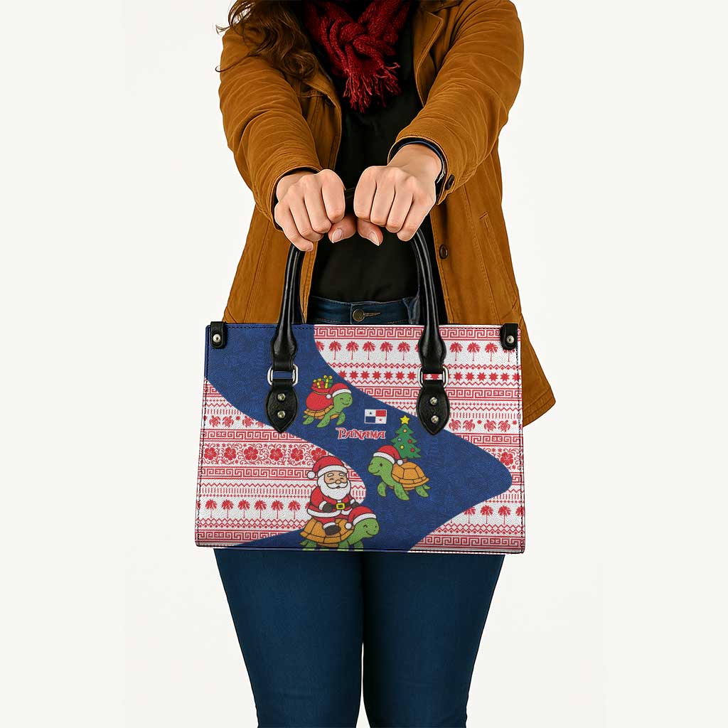 Panama Christmas Leather Bag with Santa Claus Sea Turtles Holiday Tree and Red Blue Pattern Design - Wonder Print Shop