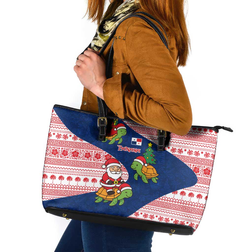 Panama Christmas Leather Tote Bag with Santa Claus Sea Turtles Holiday Tree and Red Blue Pattern Design - Wonder Print Shop