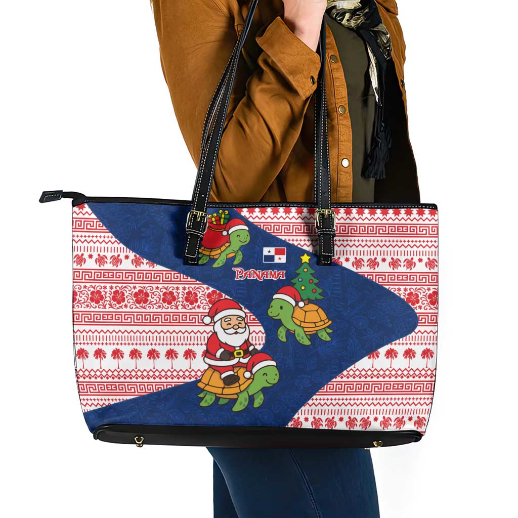 Panama Christmas Leather Tote Bag with Santa Claus Sea Turtles Holiday Tree and Red Blue Pattern Design - Wonder Print Shop