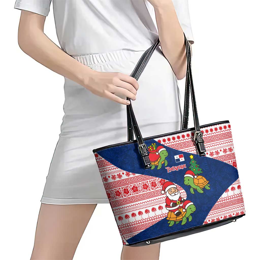 Panama Christmas Leather Tote Bag with Santa Claus Sea Turtles Holiday Tree and Red Blue Pattern Design - Wonder Print Shop