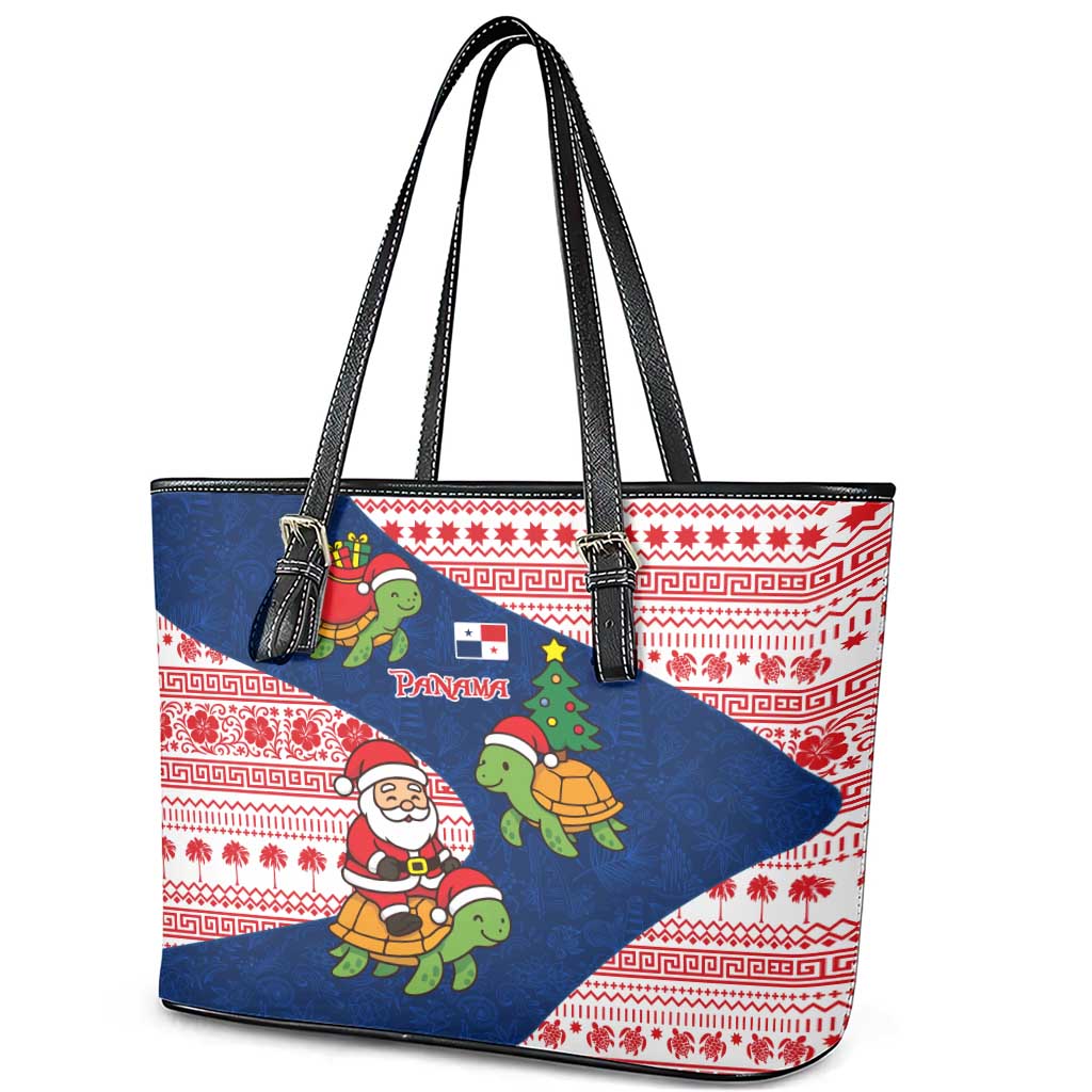 Panama Christmas Leather Tote Bag with Santa Claus Sea Turtles Holiday Tree and Red Blue Pattern Design - Wonder Print Shop