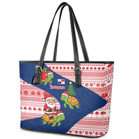 Panama Christmas Leather Tote Bag with Santa Claus Sea Turtles Holiday Tree and Red Blue Pattern Design - Wonder Print Shop