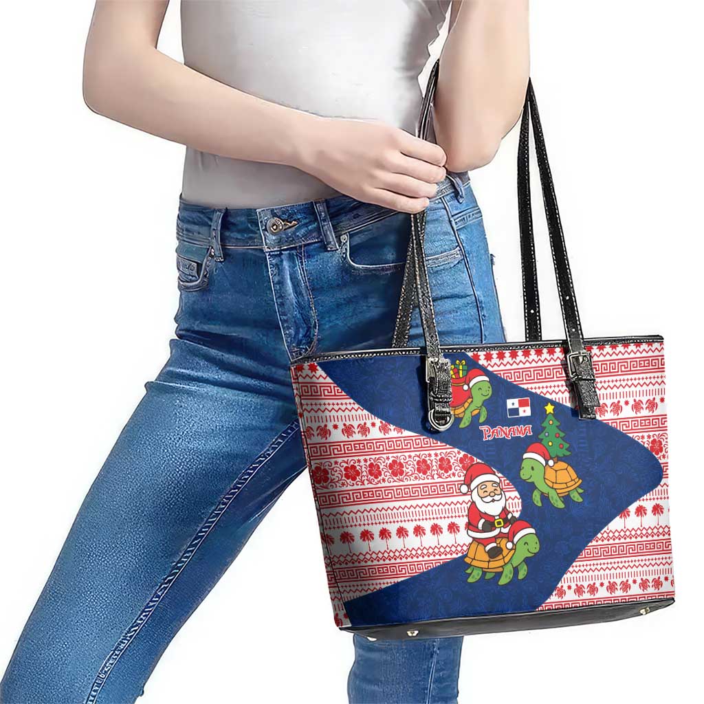 Panama Christmas Leather Tote Bag with Santa Claus Sea Turtles Holiday Tree and Red Blue Pattern Design - Wonder Print Shop