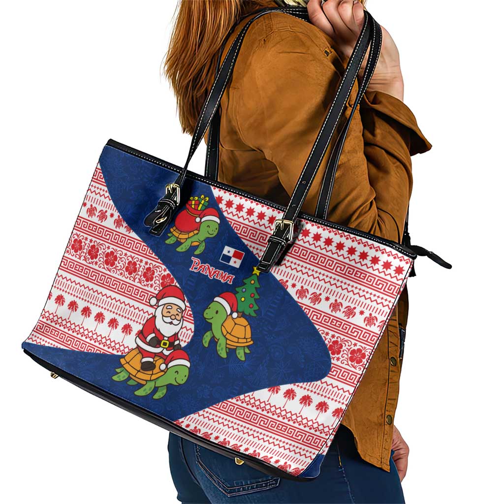 Panama Christmas Leather Tote Bag with Santa Claus Sea Turtles Holiday Tree and Red Blue Pattern Design - Wonder Print Shop