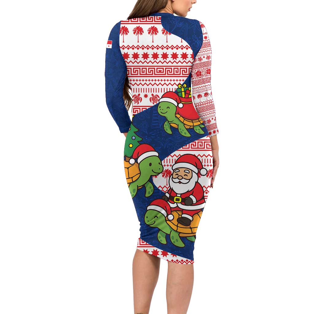 Panama Christmas Long Sleeve Bodycon Dress with Santa Claus Sea Turtles Holiday Tree and Red Blue Pattern Design - Wonder Print Shop