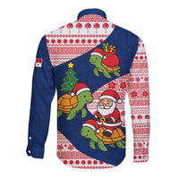 Panama Christmas Long Sleeve Button Shirt with Santa Claus Sea Turtles Holiday Tree and Red Blue Pattern Design - Wonder Print Shop