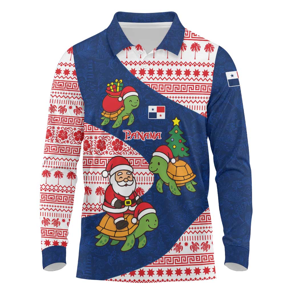 Panama Christmas Long Sleeve Polo Shirt with Santa Claus Sea Turtles Holiday Tree and Red Blue Pattern Design - Wonder Print Shop