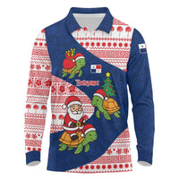 Panama Christmas Long Sleeve Polo Shirt with Santa Claus Sea Turtles Holiday Tree and Red Blue Pattern Design - Wonder Print Shop