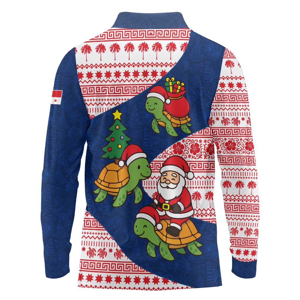 Panama Christmas Long Sleeve Polo Shirt with Santa Claus Sea Turtles Holiday Tree and Red Blue Pattern Design - Wonder Print Shop