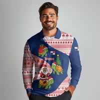Panama Christmas Long Sleeve Polo Shirt with Santa Claus Sea Turtles Holiday Tree and Red Blue Pattern Design - Wonder Print Shop