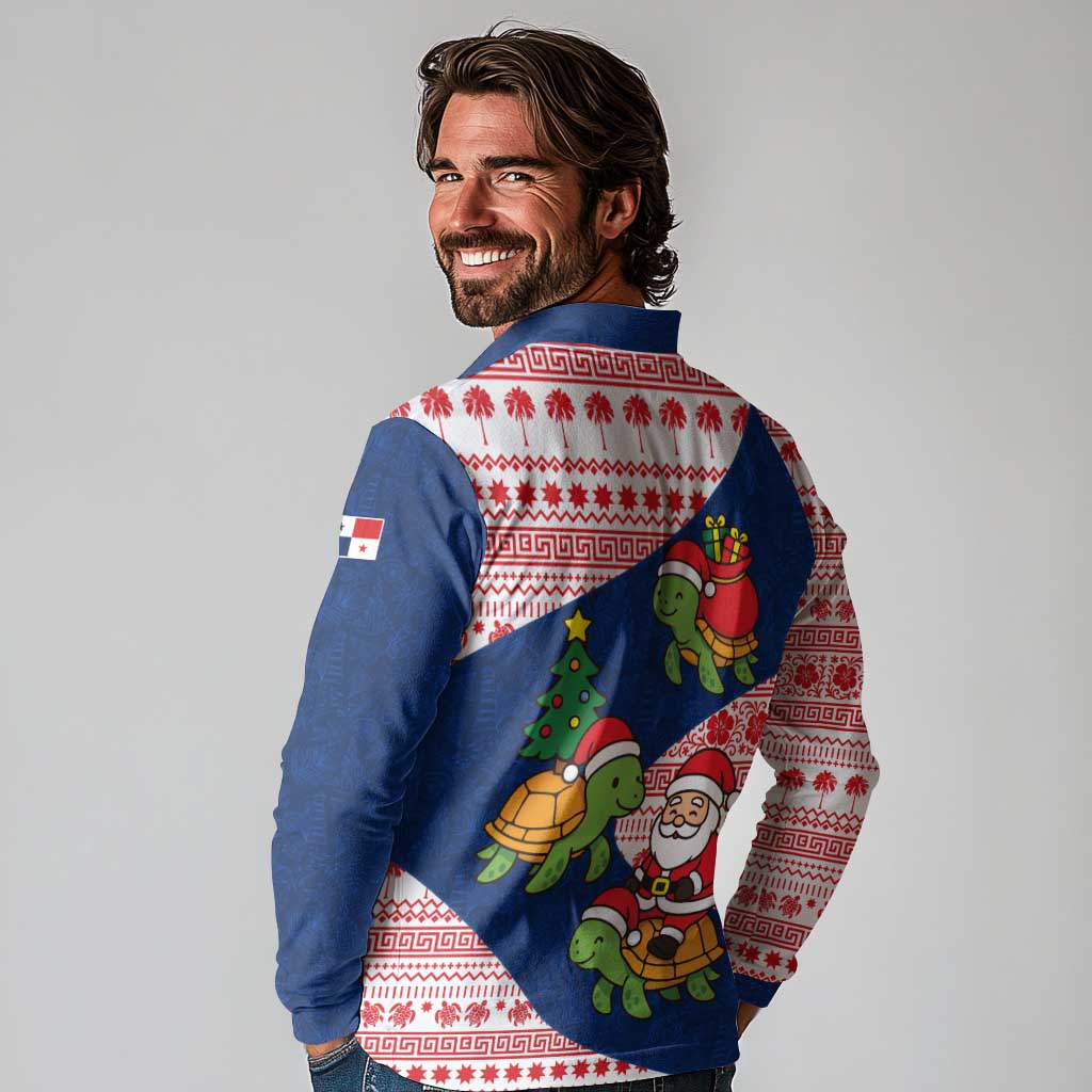 Panama Christmas Long Sleeve Polo Shirt with Santa Claus Sea Turtles Holiday Tree and Red Blue Pattern Design - Wonder Print Shop