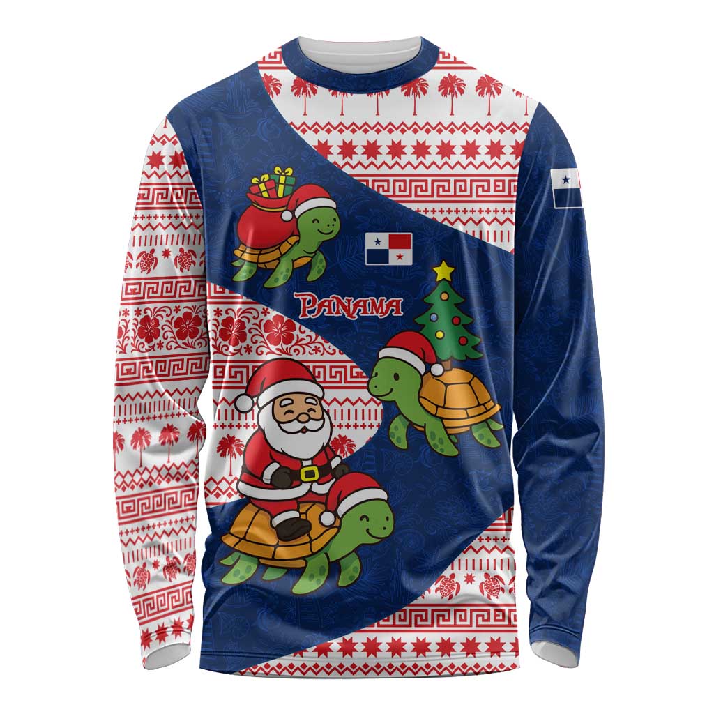 Panama Christmas Long Sleeve Shirt with Santa Claus Sea Turtles Holiday Tree and Red Blue Pattern Design - Wonder Print Shop