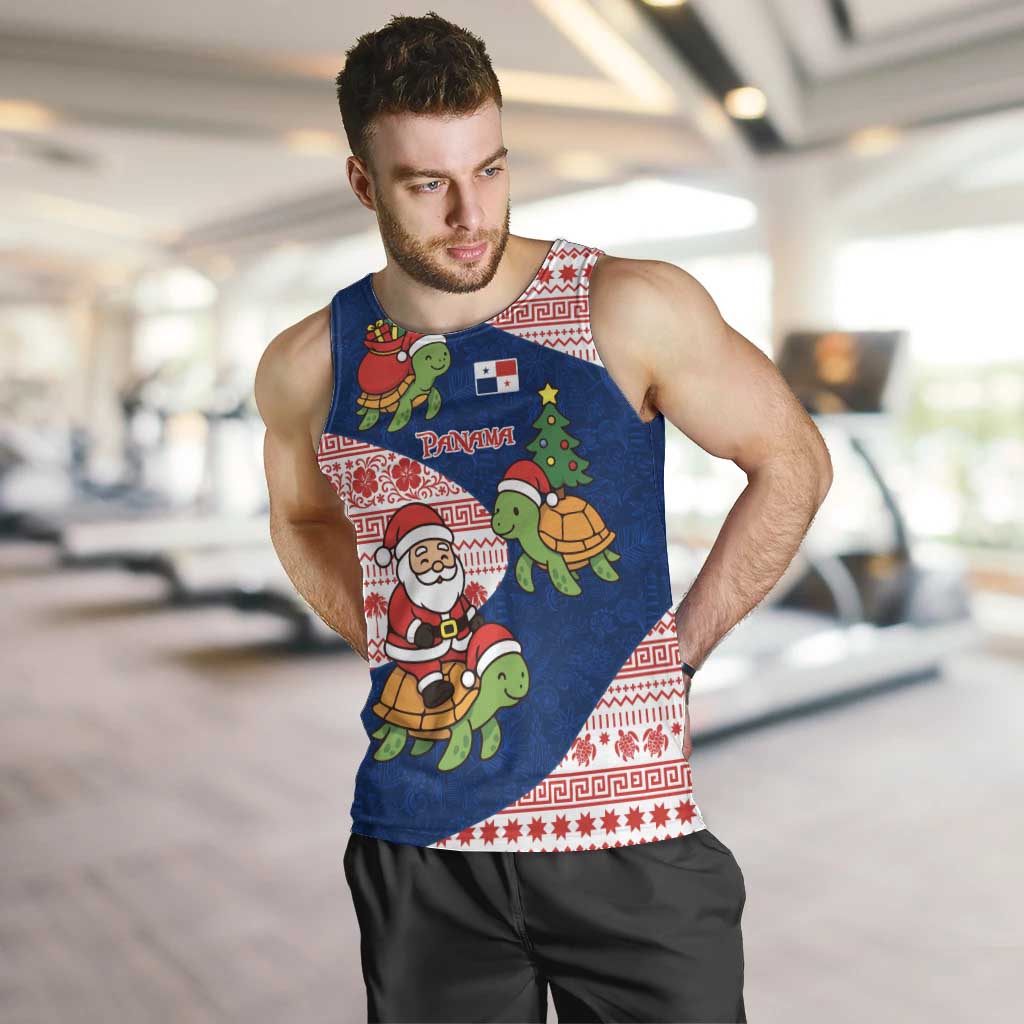Panama Christmas Men Tank Top with Santa Claus Sea Turtles Holiday Tree and Red Blue Pattern Design - Wonder Print Shop