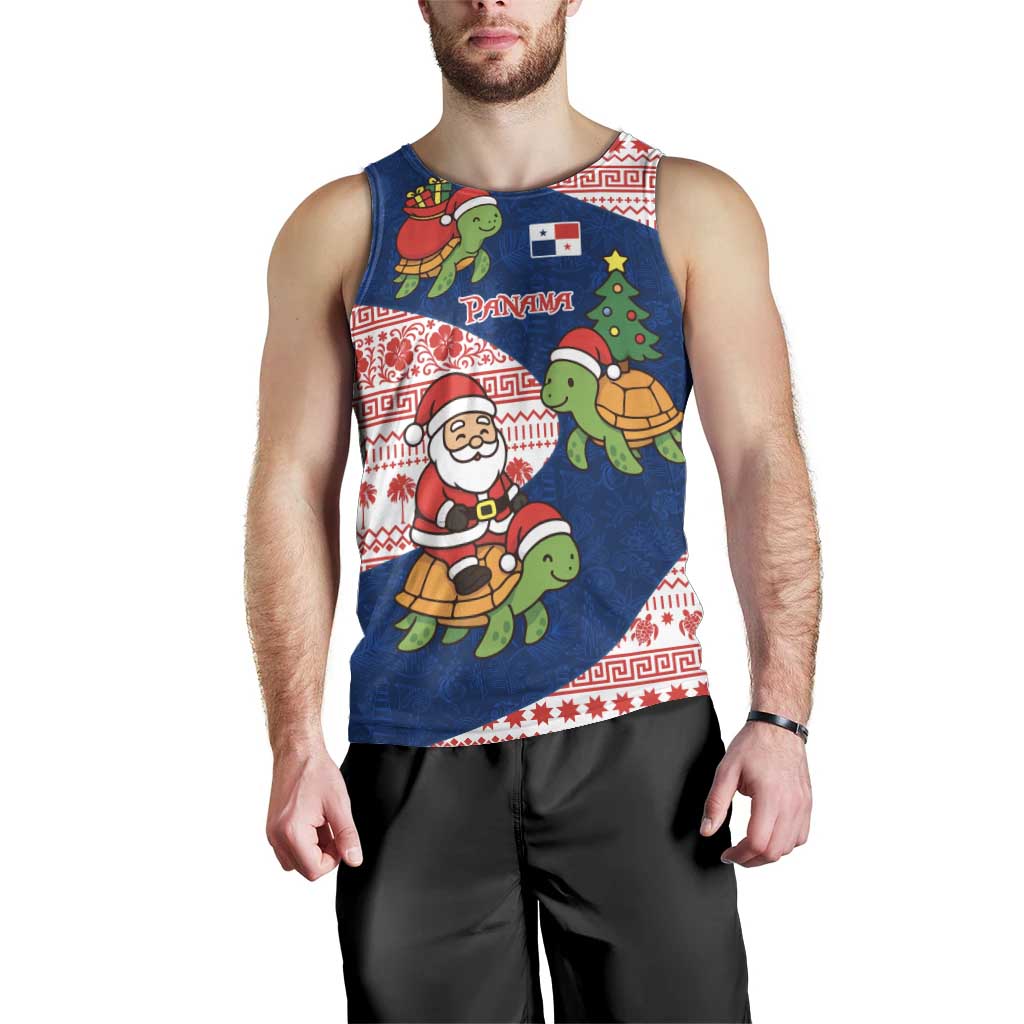 Panama Christmas Men Tank Top with Santa Claus Sea Turtles Holiday Tree and Red Blue Pattern Design - Wonder Print Shop