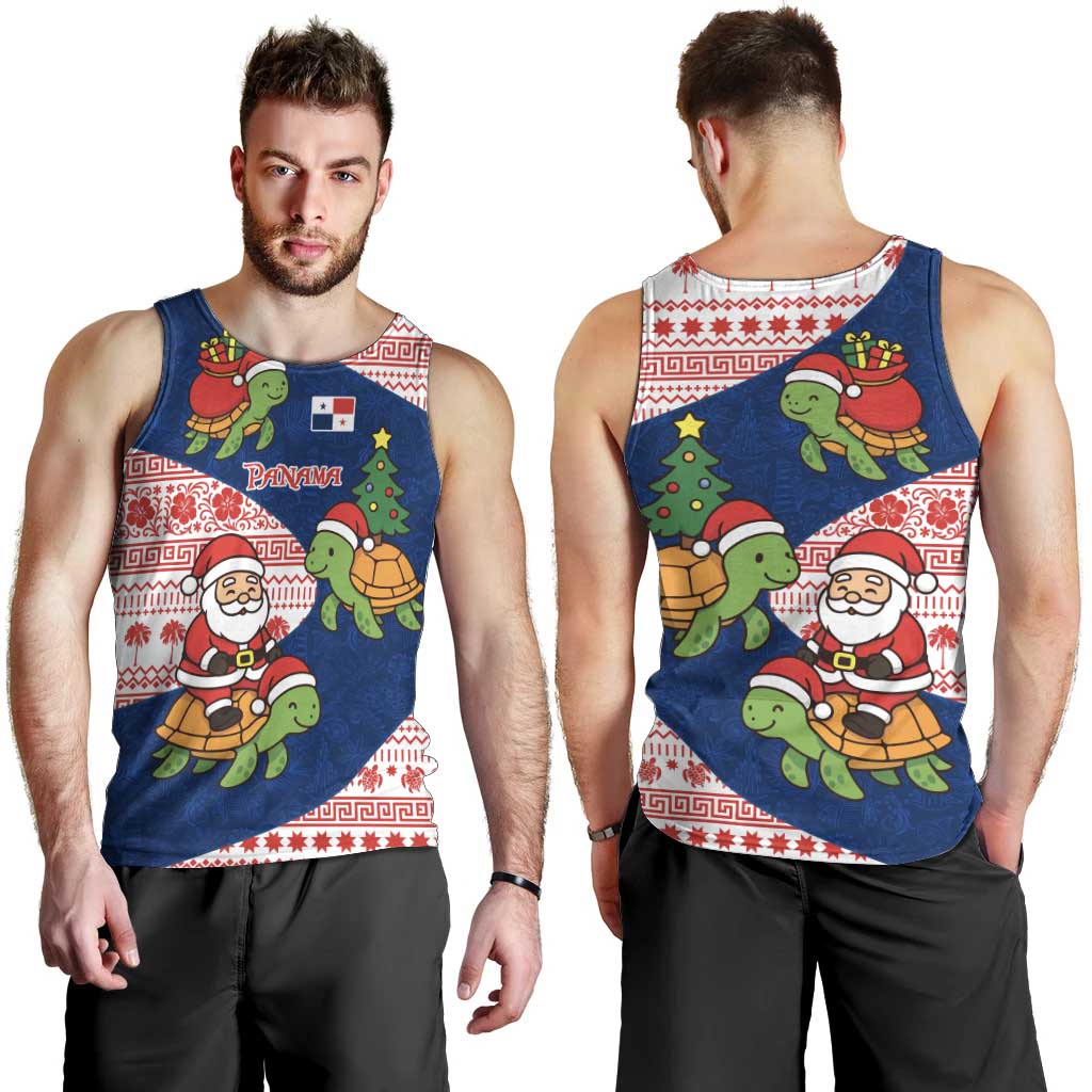 Panama Christmas Men Tank Top with Santa Claus Sea Turtles Holiday Tree and Red Blue Pattern Design - Wonder Print Shop