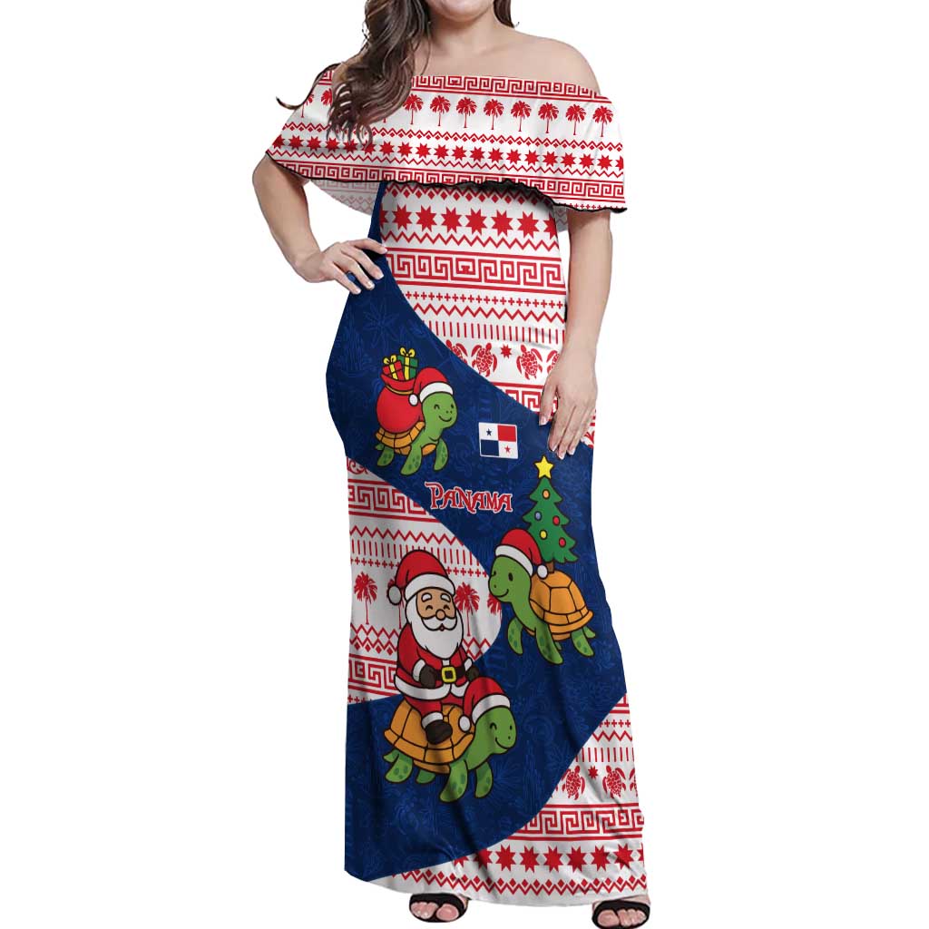 Panama Christmas Off Shoulder Maxi Dress with Santa Claus Sea Turtles Holiday Tree and Red Blue Pattern Design - Wonder Print Shop