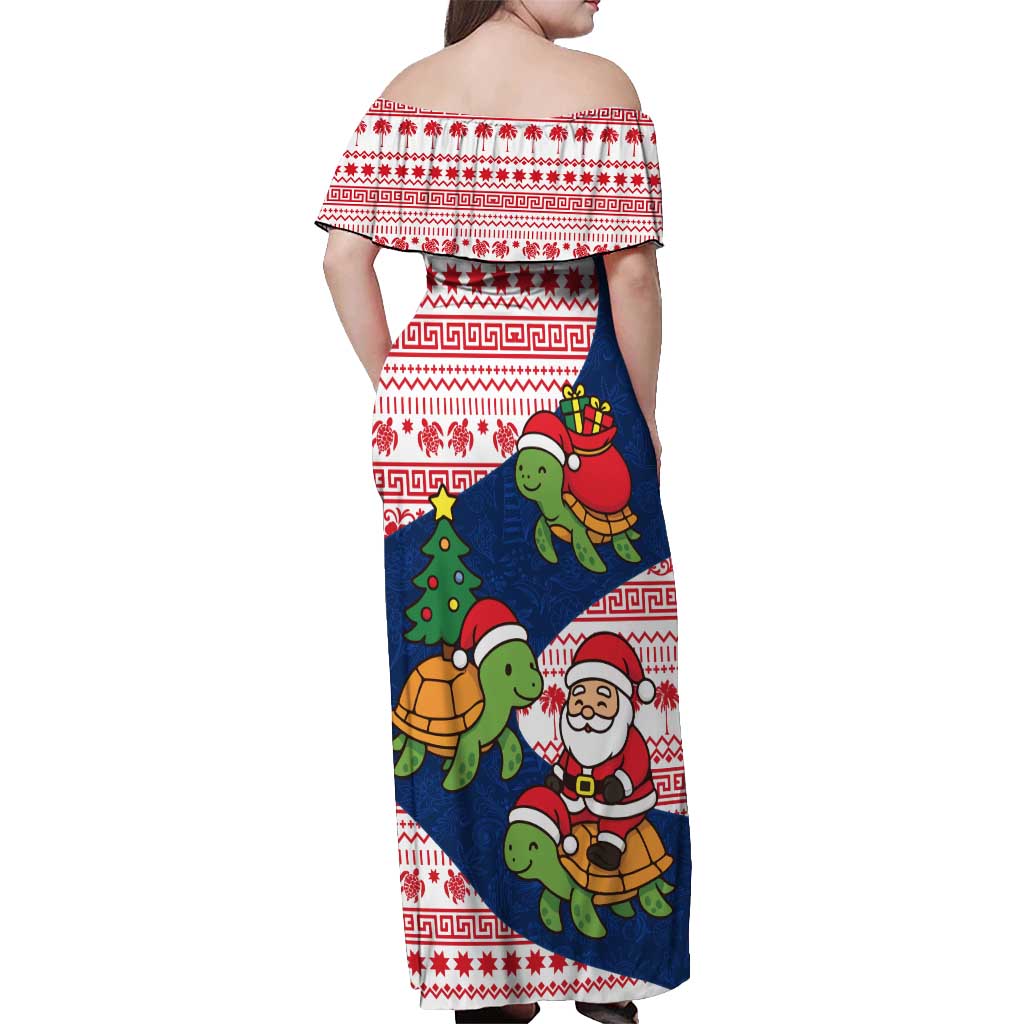 Panama Christmas Off Shoulder Maxi Dress with Santa Claus Sea Turtles Holiday Tree and Red Blue Pattern Design - Wonder Print Shop