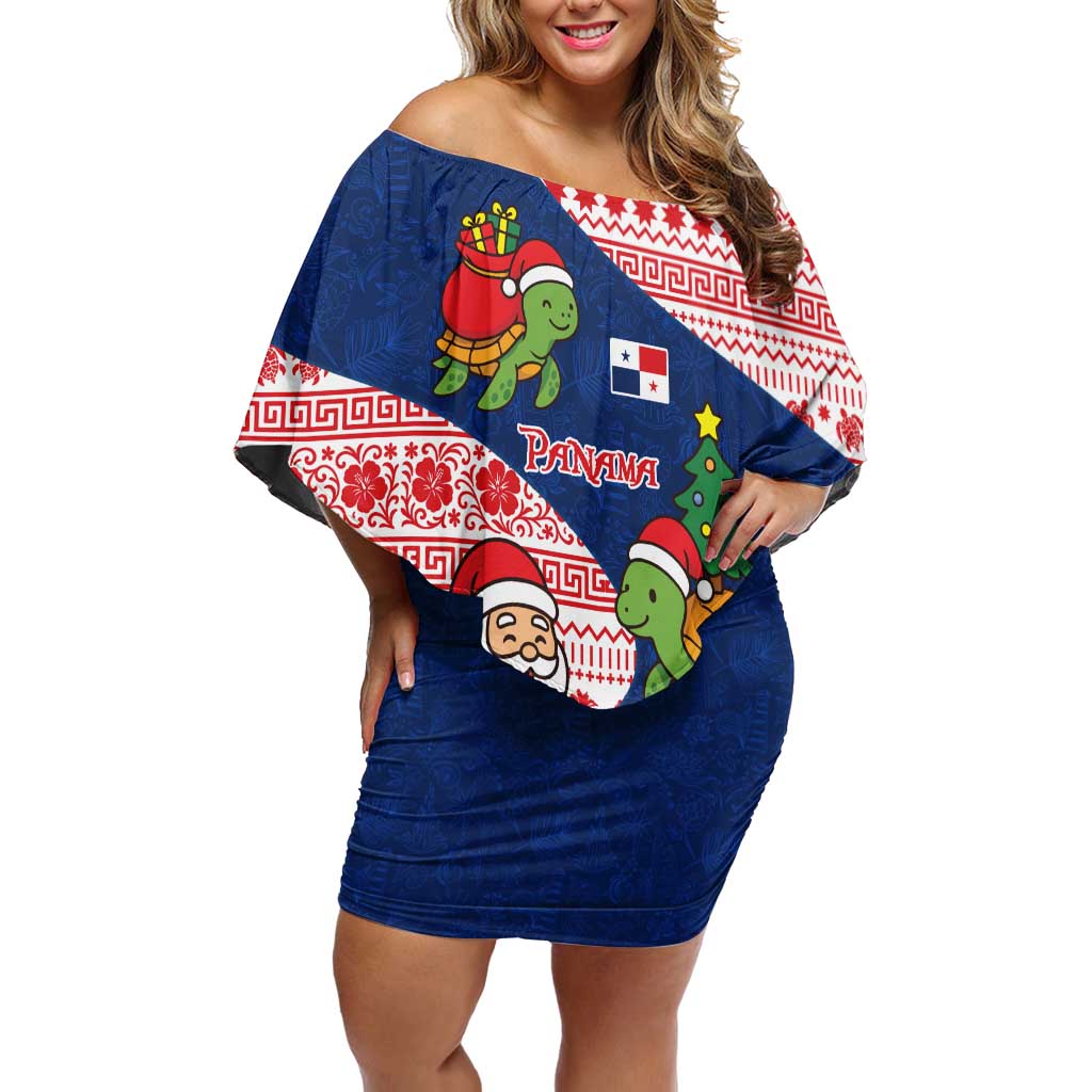 Panama Christmas Off Shoulder Short Dress with Santa Claus Sea Turtles Holiday Tree and Red Blue Pattern Design - Wonder Print Shop