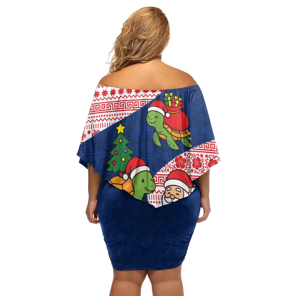 Panama Christmas Off Shoulder Short Dress with Santa Claus Sea Turtles Holiday Tree and Red Blue Pattern Design - Wonder Print Shop