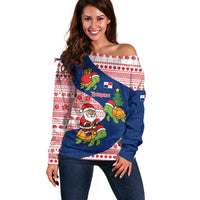 Panama Christmas Off Shoulder Sweater with Santa Claus Sea Turtles Holiday Tree and Red Blue Pattern Design - Wonder Print Shop
