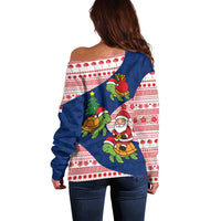 Panama Christmas Off Shoulder Sweater with Santa Claus Sea Turtles Holiday Tree and Red Blue Pattern Design - Wonder Print Shop