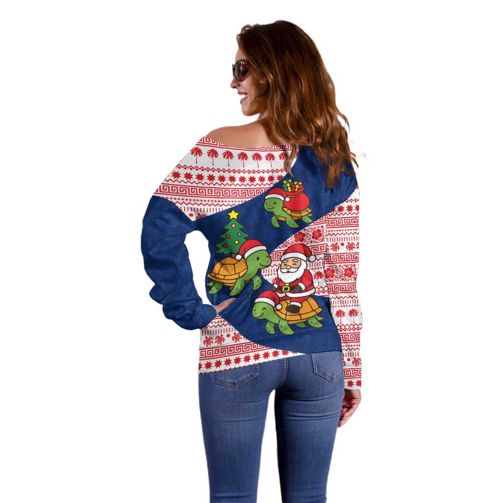 Panama Christmas Off Shoulder Sweater with Santa Claus Sea Turtles Holiday Tree and Red Blue Pattern Design - Wonder Print Shop