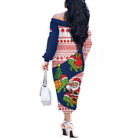 Panama Christmas Off The Shoulder Long Sleeve Dress with Santa Claus Sea Turtles Holiday Tree and Red Blue Pattern Design - Wonder Print Shop