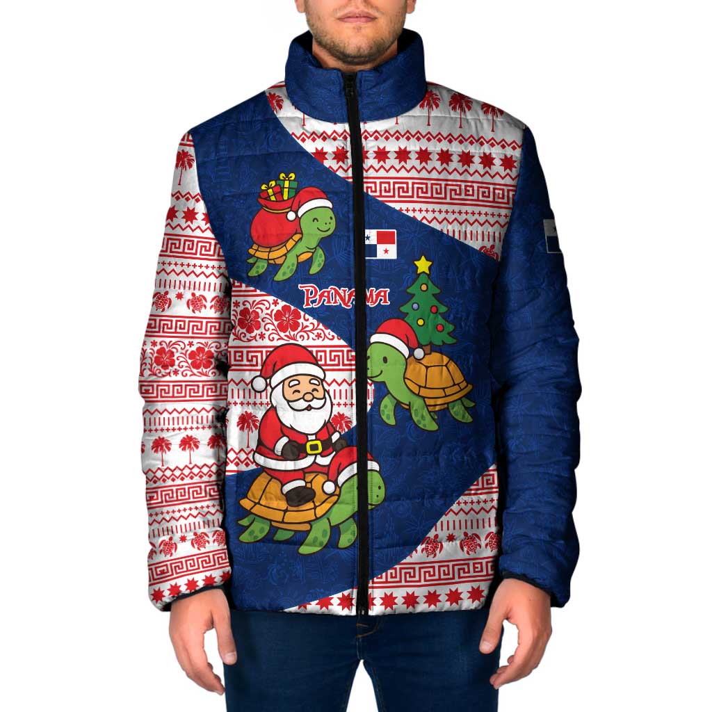 Panama Christmas Padded Jacket with Santa Claus Sea Turtles Holiday Tree and Red Blue Pattern Design - Wonder Print Shop