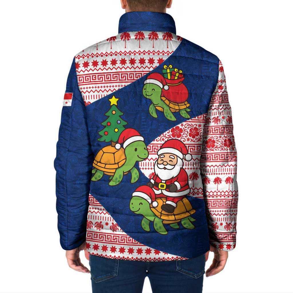 Panama Christmas Padded Jacket with Santa Claus Sea Turtles Holiday Tree and Red Blue Pattern Design - Wonder Print Shop