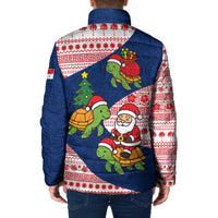 Panama Christmas Padded Jacket with Santa Claus Sea Turtles Holiday Tree and Red Blue Pattern Design - Wonder Print Shop