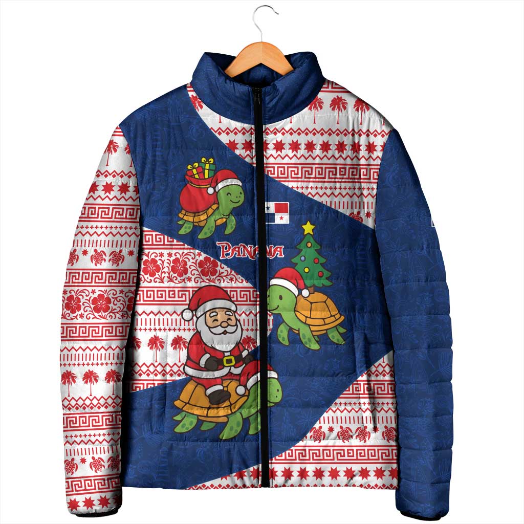 Panama Christmas Padded Jacket with Santa Claus Sea Turtles Holiday Tree and Red Blue Pattern Design - Wonder Print Shop