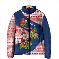 Panama Christmas Padded Jacket with Santa Claus Sea Turtles Holiday Tree and Red Blue Pattern Design - Wonder Print Shop