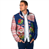 Panama Christmas Padded Jacket with Santa Claus Sea Turtles Holiday Tree and Red Blue Pattern Design - Wonder Print Shop