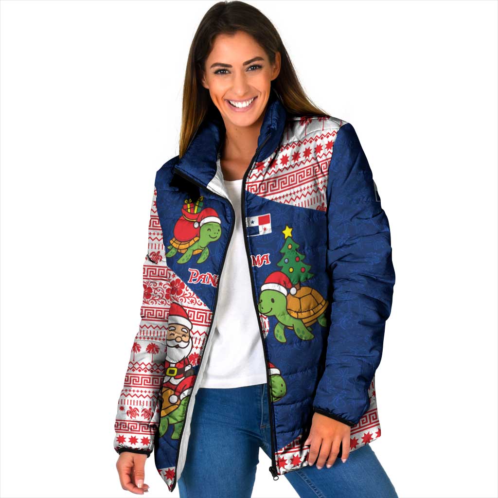 Panama Christmas Padded Jacket with Santa Claus Sea Turtles Holiday Tree and Red Blue Pattern Design - Wonder Print Shop