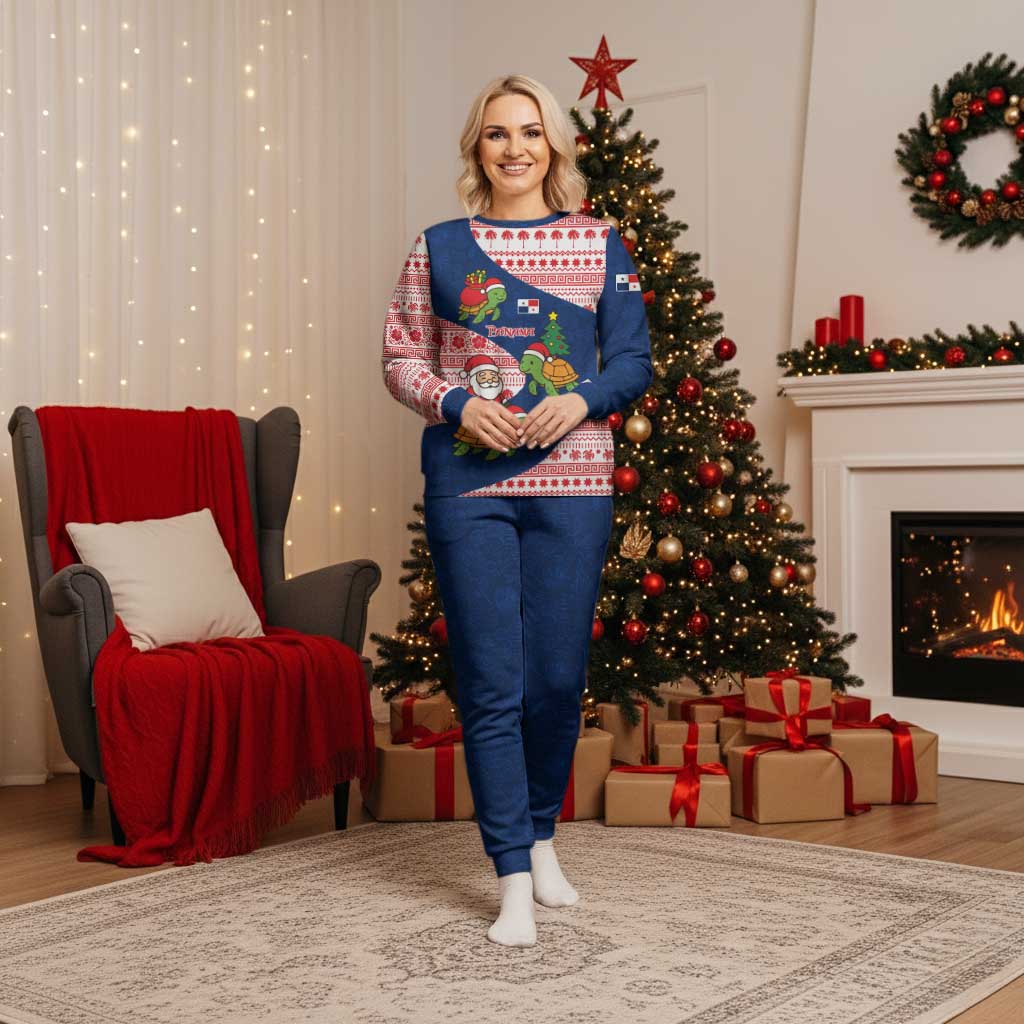 Panama Christmas Pajama Set with Santa Claus Sea Turtles Holiday Tree and Red Blue Pattern Design - Wonder Print Shop