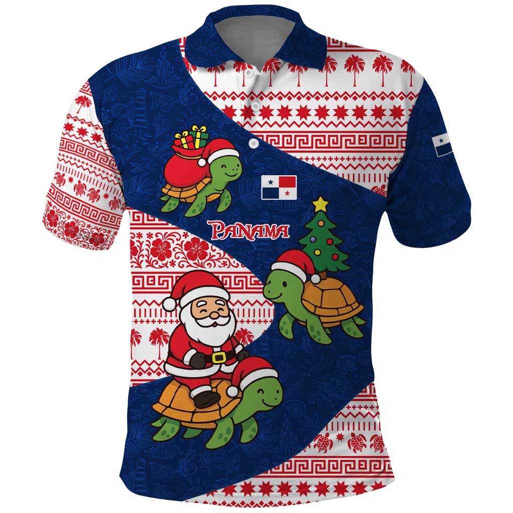 Panama Christmas Polo Shirt with Santa Claus Sea Turtles Holiday Tree and Red Blue Pattern Design - Wonder Print Shop