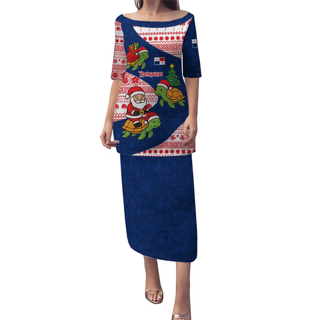 Panama Christmas Puletasi with Santa Claus Sea Turtles Holiday Tree and Red Blue Pattern Design - Wonder Print Shop