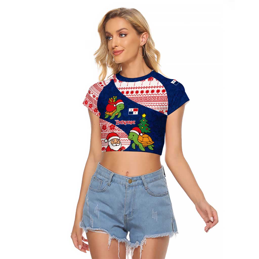 Panama Christmas Raglan Cropped T Shirt with Santa Claus Sea Turtles Holiday Tree and Red Blue Pattern Design - Wonder Print Shop